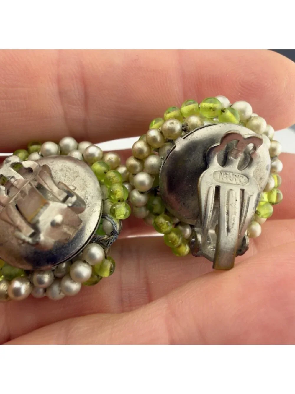 Vintage Clip-On Earrings Set Faux Pearls Green Art Glass Flower Cluster MCM